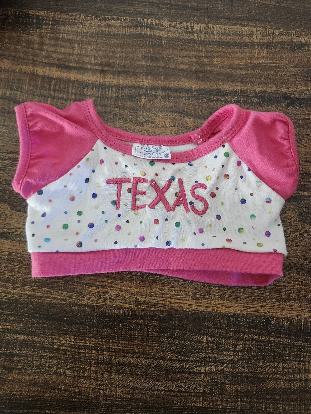 🦚 4/$15 🦚 Build A Bear Pink & White 'TEXAS' Polka Dot Top